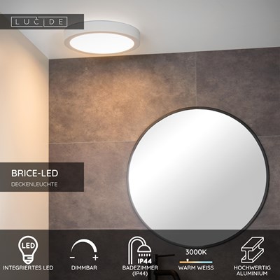 Lucide BRICE-LED - Deckenleuchte Badezimmer - Ø 30 cm - LED Dim. - 1x30W 3000K - IP44 - Weiß
